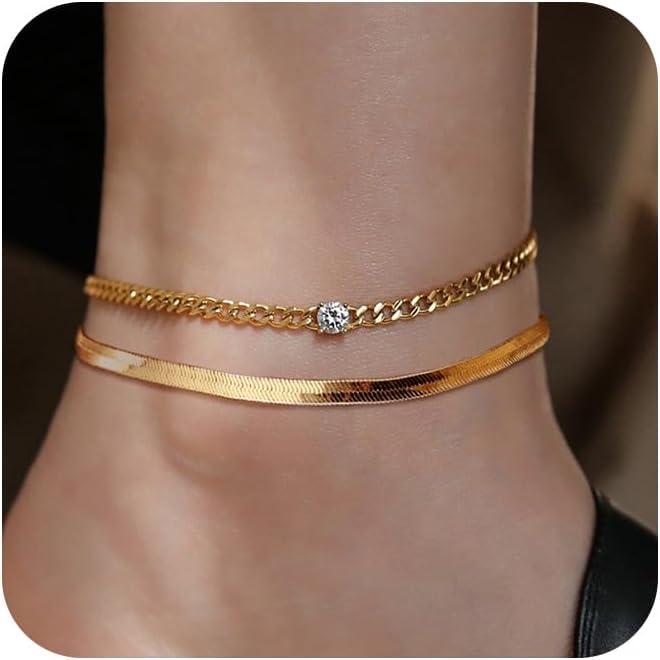 Necocy Ankle Bracelets for Women Dainty Waterproof Layered Box Chain Bow Charm Anklet Adjustable Herringbone Anklet Cuban Link Anklets Gift for Women