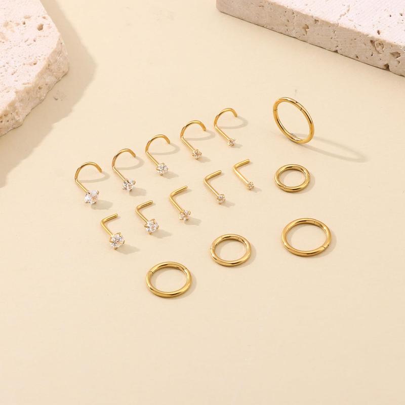 15 Gold Plated Nose Rings Studs for Women 316L Surgical Steel Hypoallergenic Nose Rings L Shaped Corkscrew Hoop Nose Rings Gold & Silver Body Jewelry