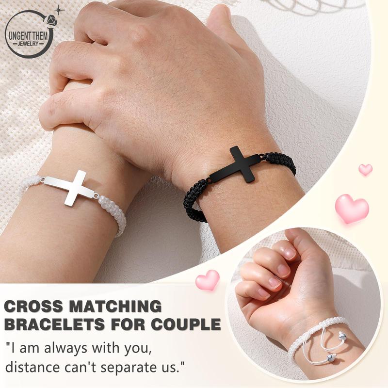 2Pcs Couples Cross Charm Adjustable Braided Rope Bracelets Anniversary Valentine's Day Birthday Christmas Gifts for Women Men Boyfriend Girlfriend