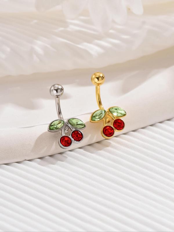 Women's Cute Rhinestone Decor Cherry Design Belly Rings, 2pcs set Trendy Exquisite Belly Rings, Chic Body Jewelry for Party Decor