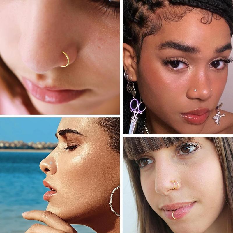 15 Gold Plated Nose Rings Studs for Women 316L Surgical Steel Hypoallergenic Nose Rings L Shaped Corkscrew Hoop Nose Rings Gold & Silver Body Jewelry