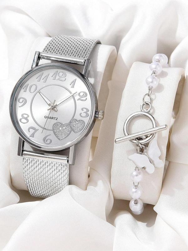 Women's Elegant Round Dial Quartz Watch & Faux Pearl Decor Bracelet, 2pcs set Fashion Wristwatch & Butterfly Charm Bracelet, Trendy All-match Exquisite Watch Set As Birthday Gift without Box