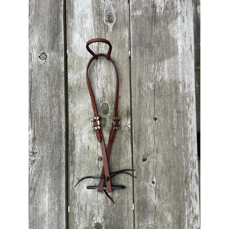 Oiled Harness Single Ear Headstall With Antique Silver Scalloped Buckle