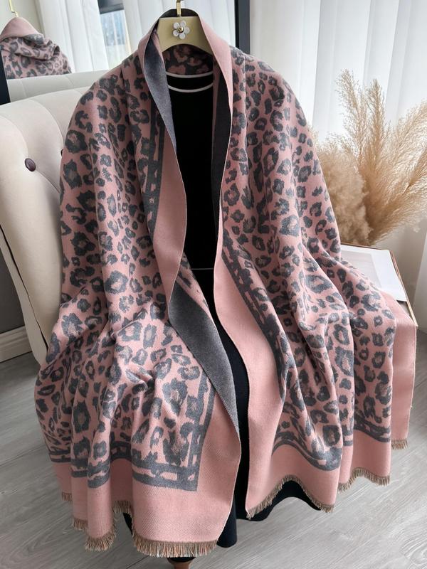 Women's Leopard Print Tassel Decor Shawl, Casual Soft Warm Long Scarf for Fall & Winter, Fashion Accessories for Women & Girls