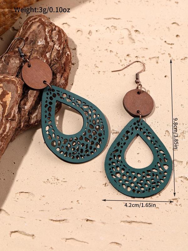 Boho Style Wooden Hollow Out Waterdrop Design Drop Earrings, Hollow Dangle Earrings, Fashion Jewelry Accessories For Women