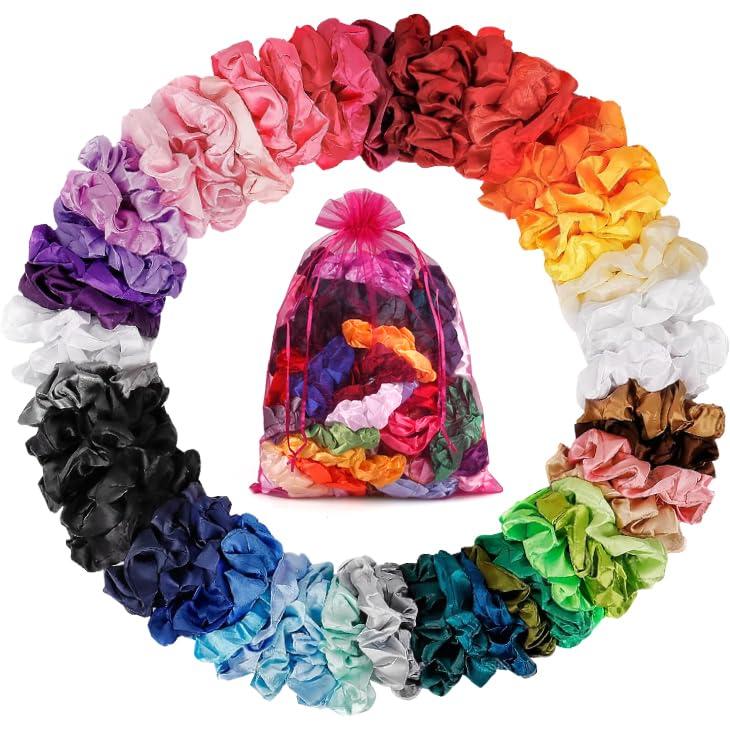 Satin Scrunchies 60 Pack - Silk Hair Scrunchies Bulk Set for Women & Girls with Curly Hair