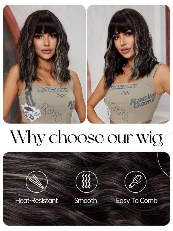 20 Inch Body Wavy Wigs for Women, Natural Looking Gorgeous Fluffy Wigs with Blunt Bangs, Synthetic Full Machine Wigs for Party Photography, Daily Use