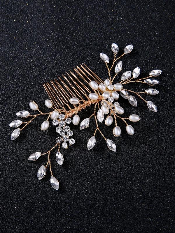 Rhinestone & Faux Pearl Decorated Hair Comb, Elegant Bridal Headwear For Wedding Party, Women's Wedding Bridal Jewellery