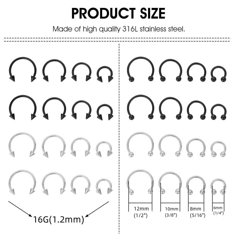 32PCs 14G 16G Stainless Steel Nose Septum Horseshoe Hoop Earring Eyebrow Tragus Lip Piercing Ring Balls & Spikes For Men and Women