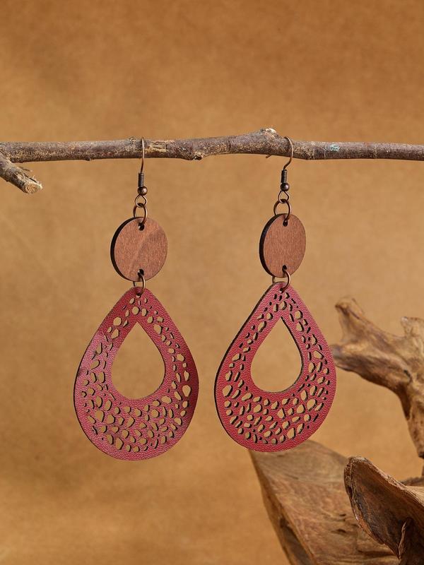 Boho Style Wooden Hollow Out Waterdrop Design Drop Earrings, Hollow Dangle Earrings, Fashion Jewelry Accessories For Women