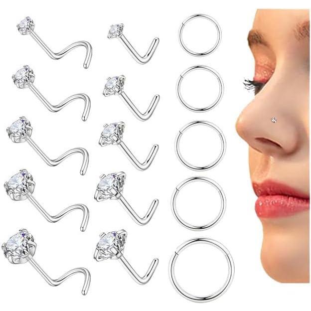 15 Gold Plated Nose Rings Studs for Women 316L Surgical Steel Hypoallergenic Nose Rings L Shaped Corkscrew Hoop Nose Rings Gold & Silver Body Jewelry