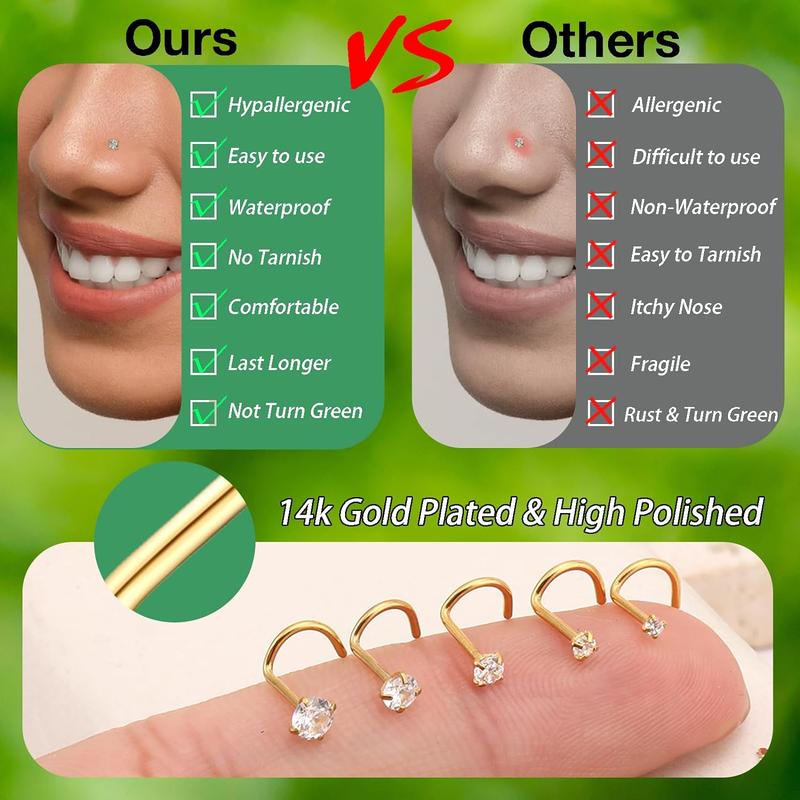 15 Gold Plated Nose Rings Studs for Women 316L Surgical Steel Hypoallergenic Nose Rings L Shaped Corkscrew Hoop Nose Rings Gold & Silver Body Jewelry