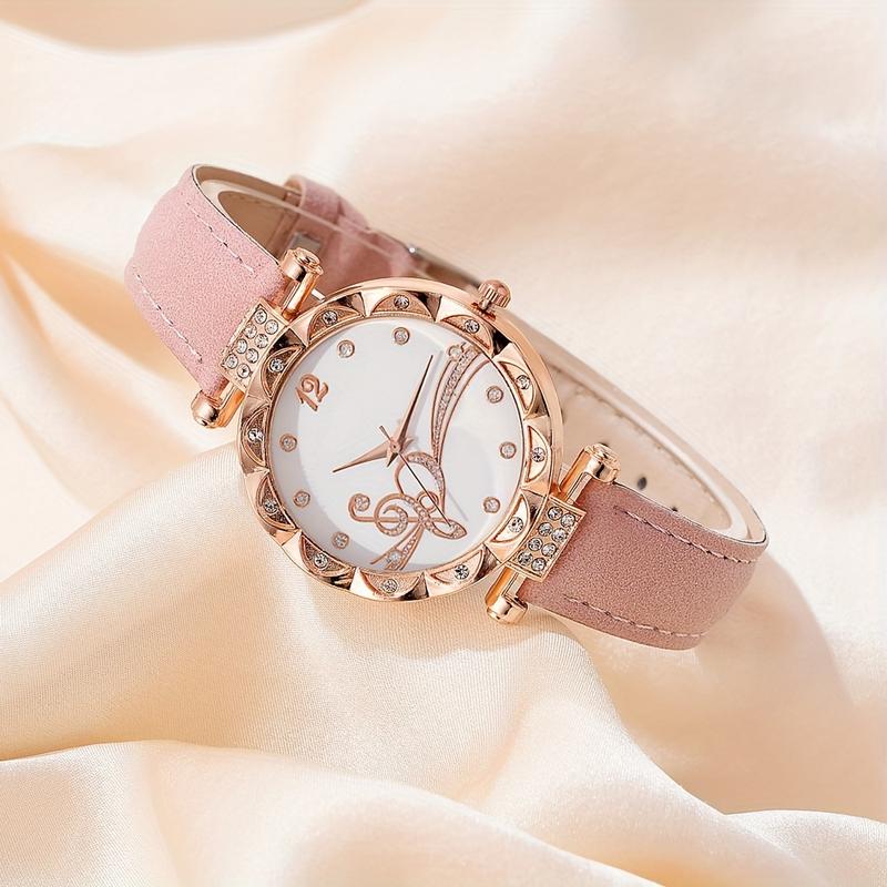 6 Pcs set Women's Watch Musical Note Fashion Quartz Watch Shiny Rhinestone Analog Watch and Jewelry Suit, Gift for Mom