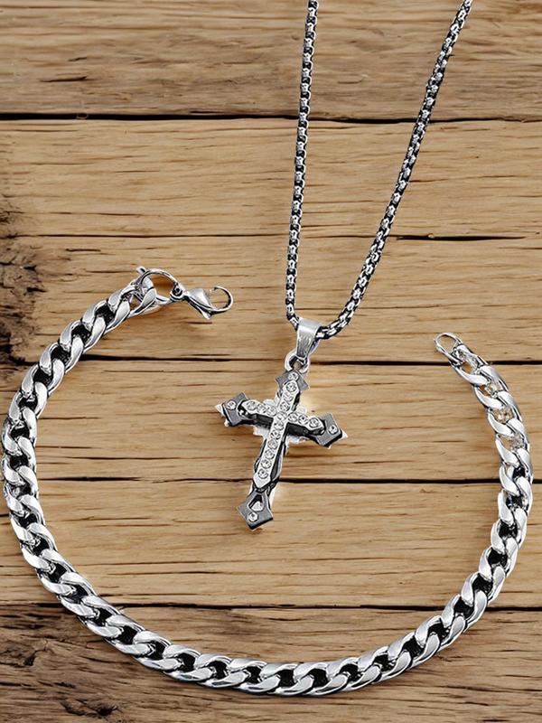 2pcs set Men's Punk Style Rhinestone Decorated Jewelry Set, Cross Pendant Necklace & Chain Bracelet, Casual Matching Trendy Jewelry Set, Classic Fashion Accessories for Daily Wear