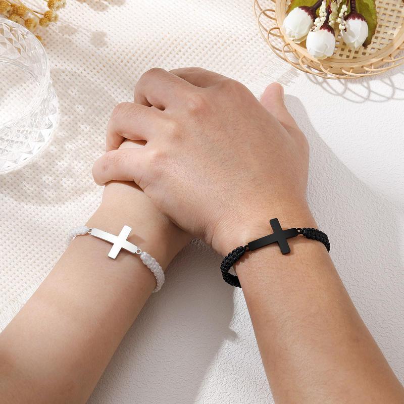 2Pcs Couples Cross Charm Adjustable Braided Rope Bracelets Anniversary Valentine's Day Birthday Christmas Gifts for Women Men Boyfriend Girlfriend