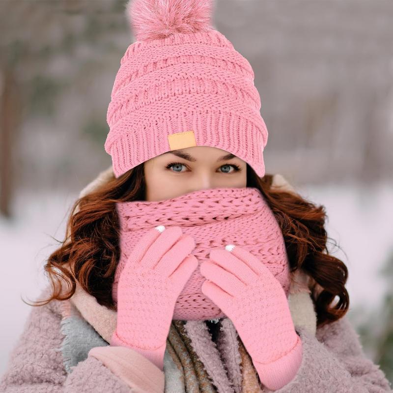 Winter Hat Scarf Gloves and Face Mask, Warm Knit Beanie Pompom Hat Touchscreen Gloves Set Gifts Circle Scarves for Women