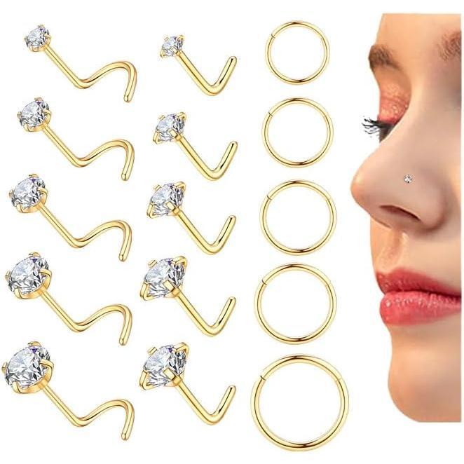 15 Gold Plated Nose Rings Studs for Women 316L Surgical Steel Hypoallergenic Nose Rings L Shaped Corkscrew Hoop Nose Rings Gold & Silver Body Jewelry