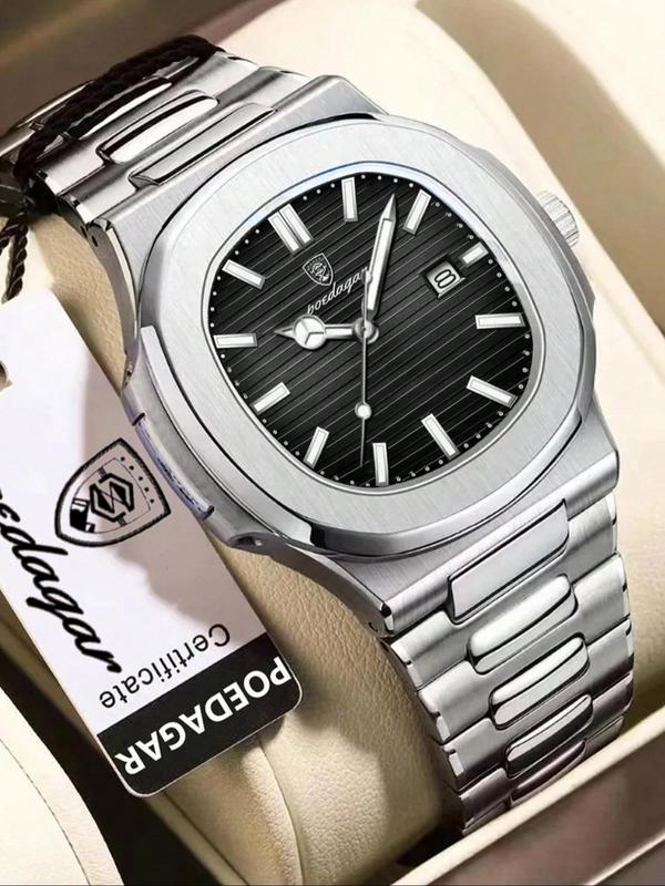 Men's Business Fashion Square Dial Analog Quartz Watch, with Box, Waterproof Luminous Date Watch, Stainless Steel Strap Watch for Men