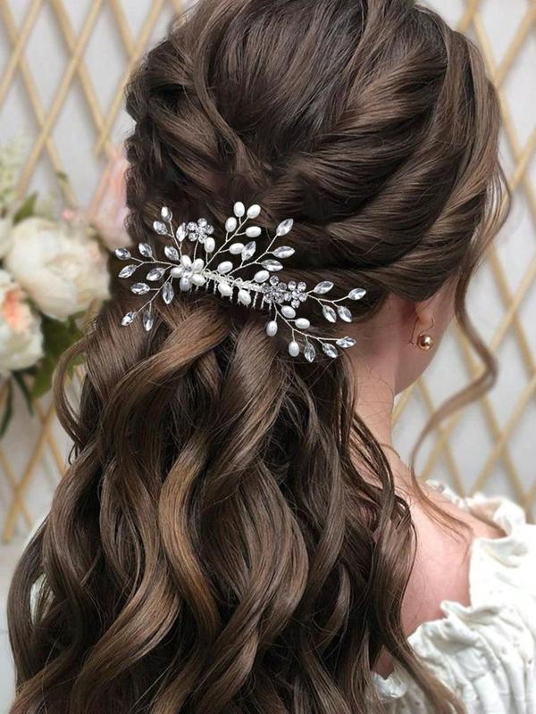 Rhinestone & Faux Pearl Decorated Hair Comb, Elegant Bridal Headwear For Wedding Party, Women's Wedding Bridal Jewellery