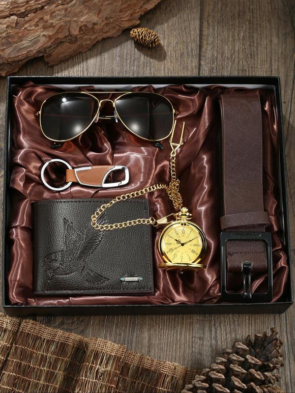 Men's Business Chain & Letter Design Round Dial Analog Quartz Watch & Sunglasses & Belt & Purse & Keychain Set with Box, Fashionable Watch Set, Gift for Men