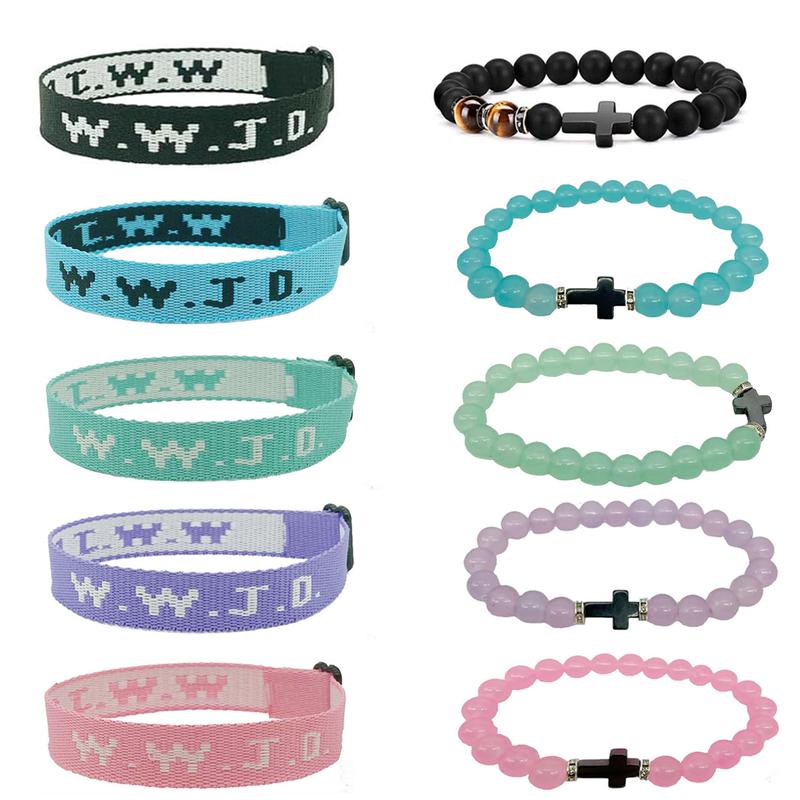 5 pack WWJD Bracelet+Beaded Cross Bracelet for Women and Men(Unisex)