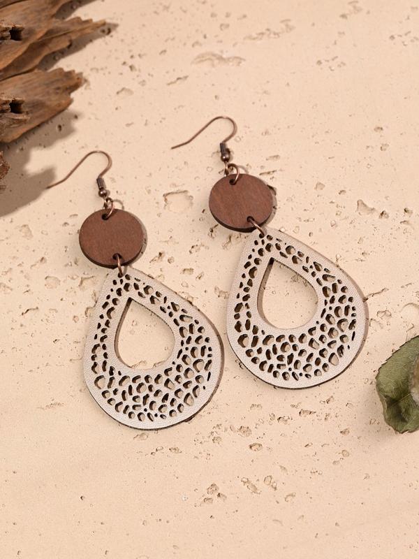 Boho Style Wooden Hollow Out Waterdrop Design Drop Earrings, Hollow Dangle Earrings, Fashion Jewelry Accessories For Women