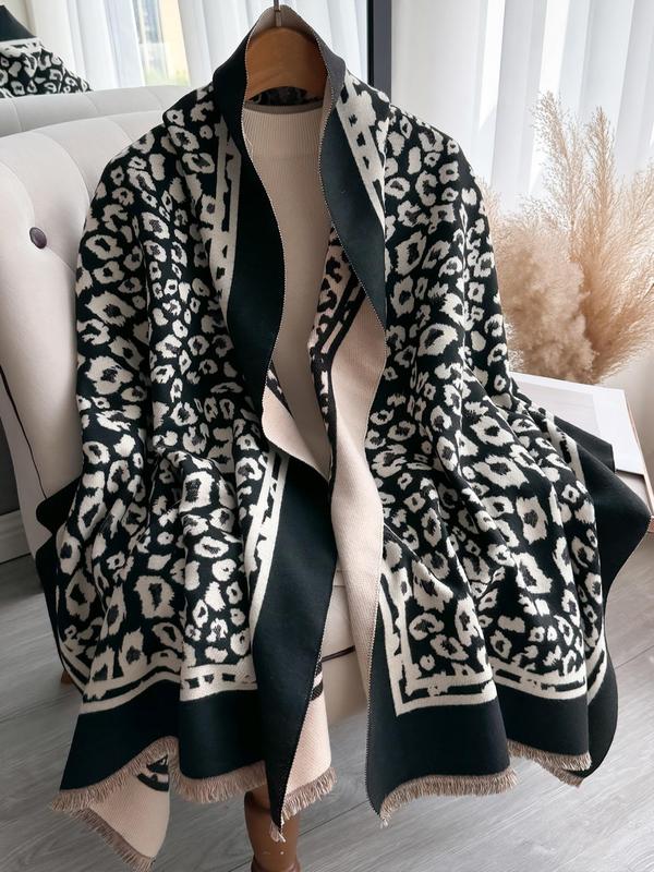 Women's Leopard Print Tassel Decor Shawl, Casual Soft Warm Long Scarf for Fall & Winter, Fashion Accessories for Women & Girls