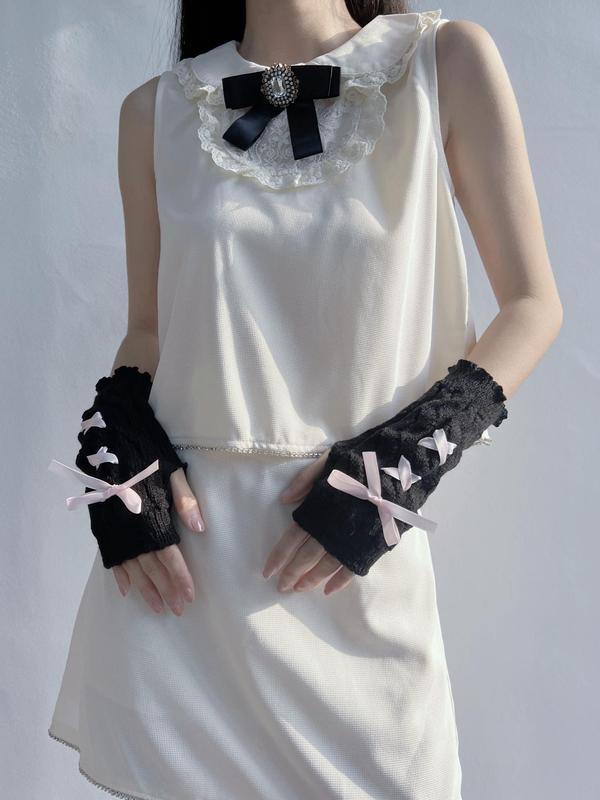 Women's Cute Colorblock Lace-up Design Fingerless Gloves, 1 Pair Fashionable Lovely Ribbon Bow Arm Sleeves for Daily Wear, Elegant Y2k Style for Women & Girls for Cosplay, Party, Outdoor Activities