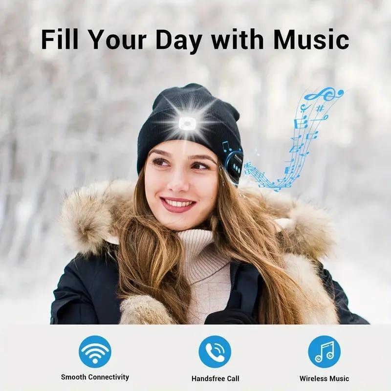 Bluetooth Beanie with Light, Musical Knit Hat with Headphones and Built-in Speaker Mic, Unisex USB Rechargeable Headlamp， Thanksgiving Christmas Gifts