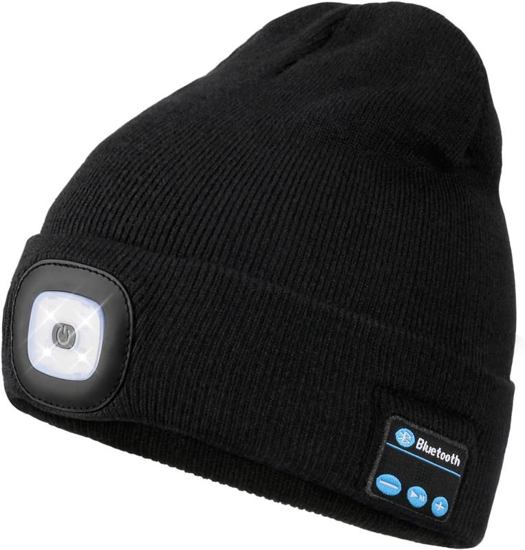 Bluetooth Beanie with a Light, Unisex USB Rechargeable 4 LED Fashlight Hat with Cordless Headphones, Unique Christmas Birthday Gifts for Men Him Husband Teen