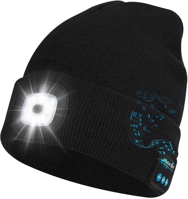 Bluetooth Beanie with Light, Musical Knit Hat with Headphones and Built-in Speaker Mic, Unisex USB Rechargeable Headlamp， Thanksgiving Christmas Gifts