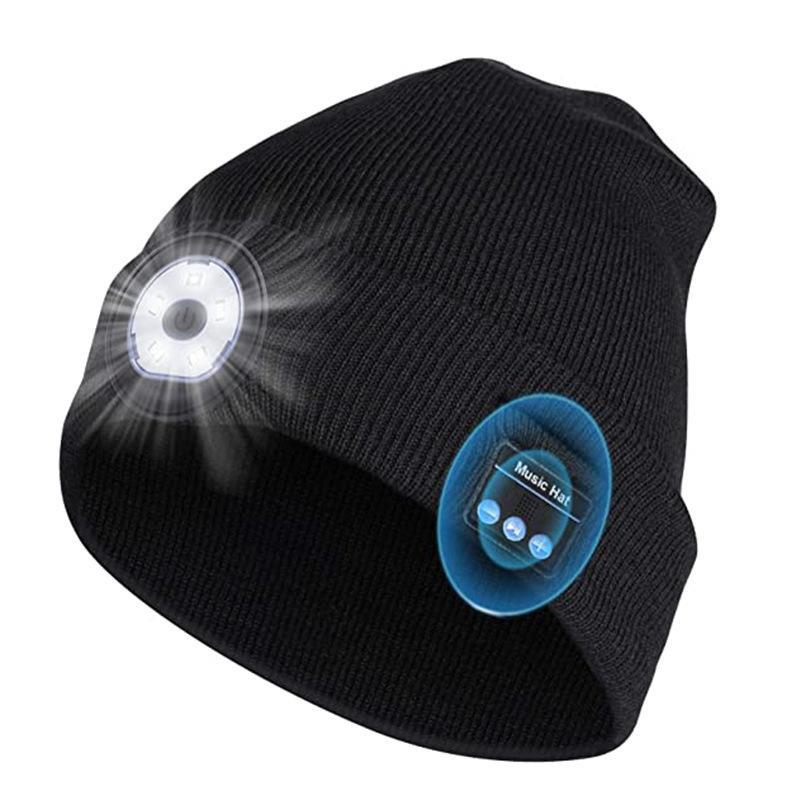 Bluetooth Beanie with a Light, Unisex USB Rechargeable 4 LED Fashlight Hat with Cordless Headphones, Unique Christmas Birthday Gifts for Men Him Husband Teen