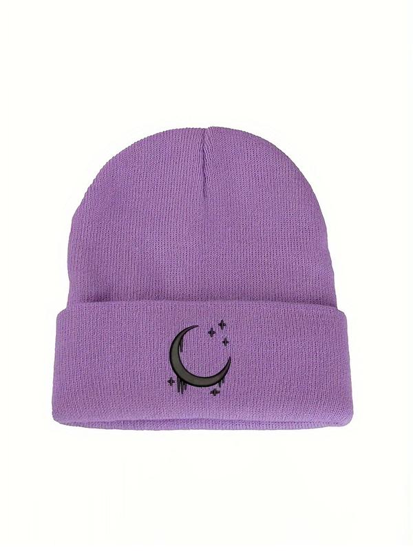 Cute Moon & Star Embroidery Beanie Hat, Casual Soft Comfortable Knit Hat for Fall & Winter, Fashion Accessories for Both Men & Women