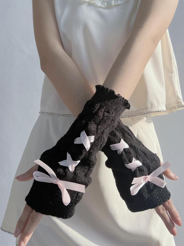 Women's Cute Colorblock Lace-up Design Fingerless Gloves, 1 Pair Fashionable Lovely Ribbon Bow Arm Sleeves for Daily Wear, Elegant Y2k Style for Women & Girls for Cosplay, Party, Outdoor Activities