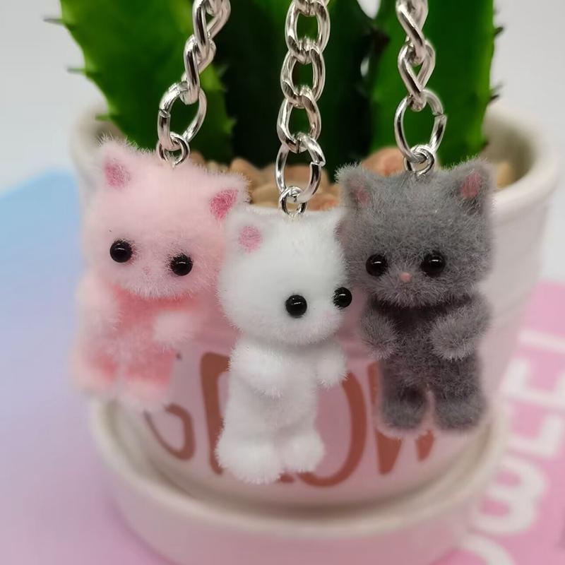 Cute Cat Design Plush Keychain, Mini 3D Flocking Cat Keychain for Phone, Backpack, Purse & School Bag Decor, Ideal Birthday Gift