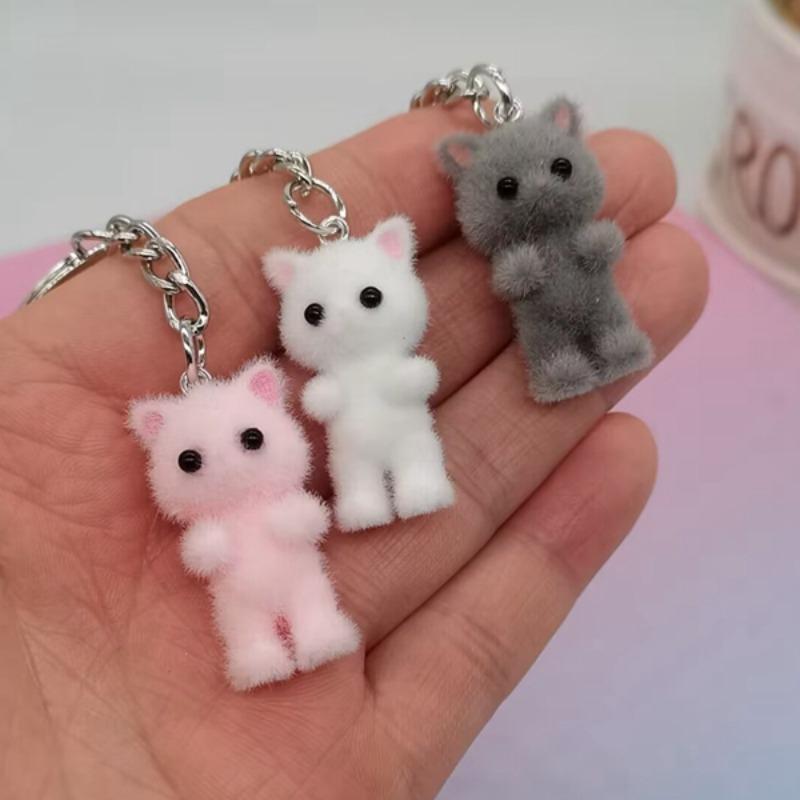 Cute Cat Design Plush Keychain, Mini 3D Flocking Cat Keychain for Phone, Backpack, Purse & School Bag Decor, Ideal Birthday Gift