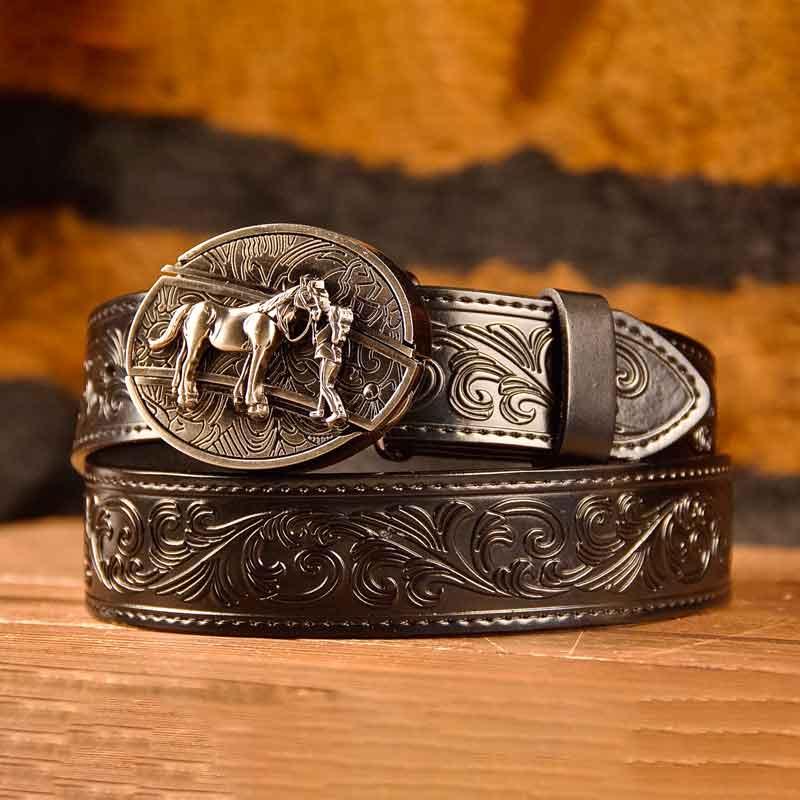 Cowboy Black Leather Printed Belt and Oval removable western cowboy cowgirl Buckle Costume Decoration