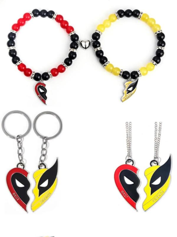 Superhero Themed Magnetic Heart Charm Couple Designer Jewelry Set, Including Necklace & Bracelet & Keychain, Fashion Jewelry Accessories for Women & Men As Gift