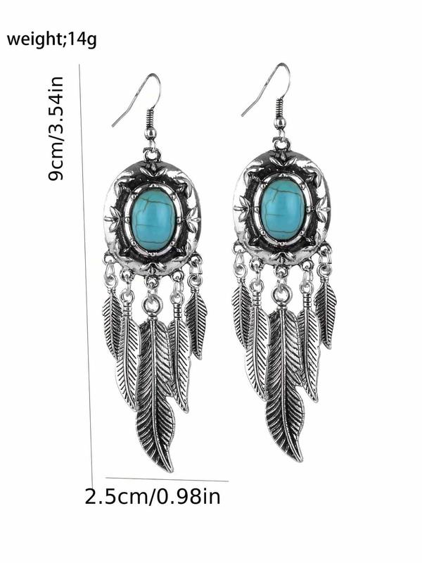 1 Pair Boho Style Tassel Decor Dangle Earrings, Leaf Design Drop Earrings, Turquoise Decor Dangle Earrings, Fashion Accessories For Women & Girls