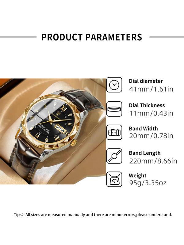 Men's Business Round Dial Analog Quartz Watch, Fashion Luminous Watch for Party, Daily Clothing Decor, Trendy All-match & Exquisite Watch for Birthday Gift with Box