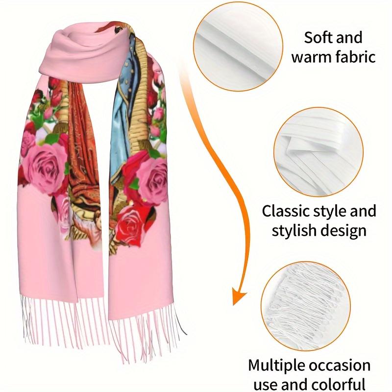 Virgin Mary Print Polyester Shawl Scarf - Casual Fringed Wool-Feel Shawl for Women, Non-Elastic Warm Decorative Wrap, Woven Windproof Weekend Casual Accessory