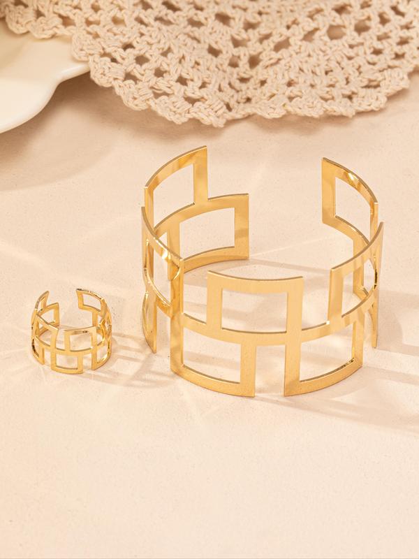 Women's Elegant Hollow Out Geometric Design Cuff Bangle & Ring, Exquisite Trendy Ring & Bangle, Fashionable Jewelry Set for Women As Gift