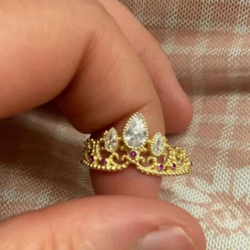 Gold Plated Rapunzel Crown Ring for Women - Adjustable Princess Wedding Jewelry Accessory