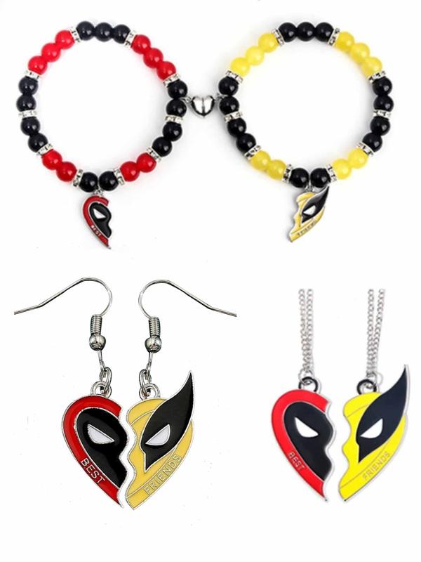 Superhero Themed Magnetic Heart Charm Couple Designer Jewelry Set, Including Necklace & Bracelet & Keychain, Fashion Jewelry Accessories for Women & Men As Gift