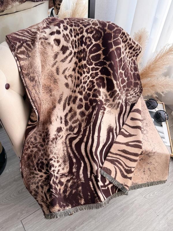 Women's Leopard Print Tassel Decor Shawl, Boho Style Thick Warm Scarf for Fall & Winter, Fashion Clothes Accessories for Women & Girls