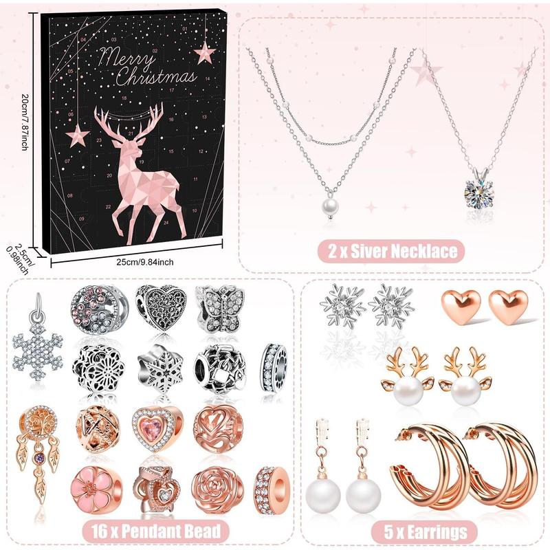 Jewelry Advent Calendar 2024 Women, Rose Gold and Silver Charm Bracelet Countdown Calendar and Earrings Necklace Rings Xmas Surprise Gifts for Wife Mom Adult