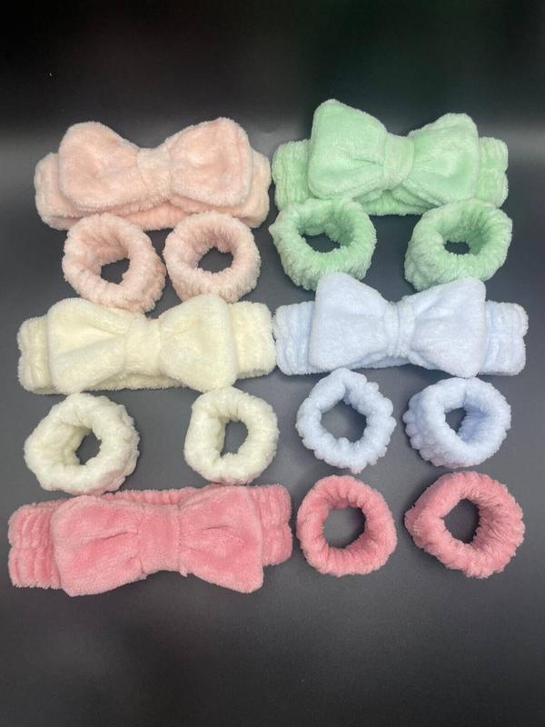 Cute Bow Decor Hair Band & Wrist Band (15pcs), Solid Color High Stretch Hair Band Set for Washing Face, Fashion Hair Accessories for Women & Girls