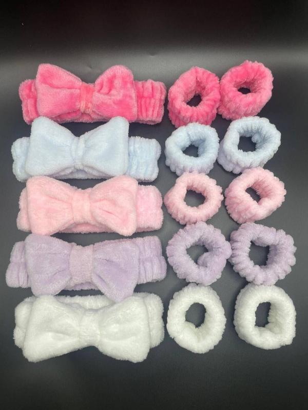 Cute Bow Decor Hair Band & Wrist Band (15pcs), Solid Color High Stretch Hair Band Set for Washing Face, Fashion Hair Accessories for Women & Girls