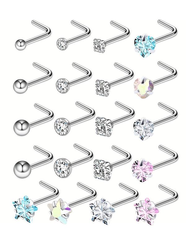 Rhinestone Decorated Nose Studs, 20pcs Heart & Star & Snowflake L Shaped Nose Studs for Party, Daily Clothing Decor, Trendy Piercing Jewelry for Birthday Gift