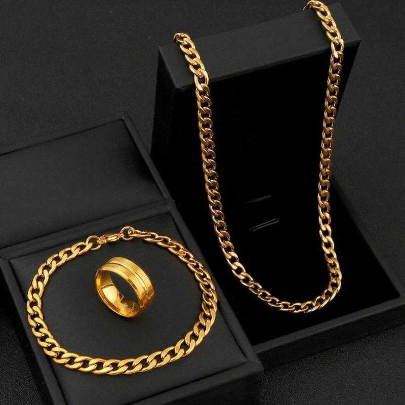 Men's Jewelry Set Golden Chain Necklace Bracelet Ring Hip Hop Stainless Steel Jewelry Stylish And Simple Style Suitable For Everyday Wear Holiday Gifts (Item Does Not Include Box) Christmas Thanksgiving New Years Holiday Gifts